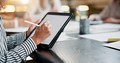 Buy stock photo Business person, hands and writing on tablet screen in meeting for website testing, campaign feedback or planning. Web designer, people and stylus pen at creative agency for app development and notes