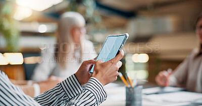 Buy stock photo Business, hands and meeting with phone in office for email marketing, SEO tools or digital collaboration with notification. Creative person, check website traffic or social media insight with team 