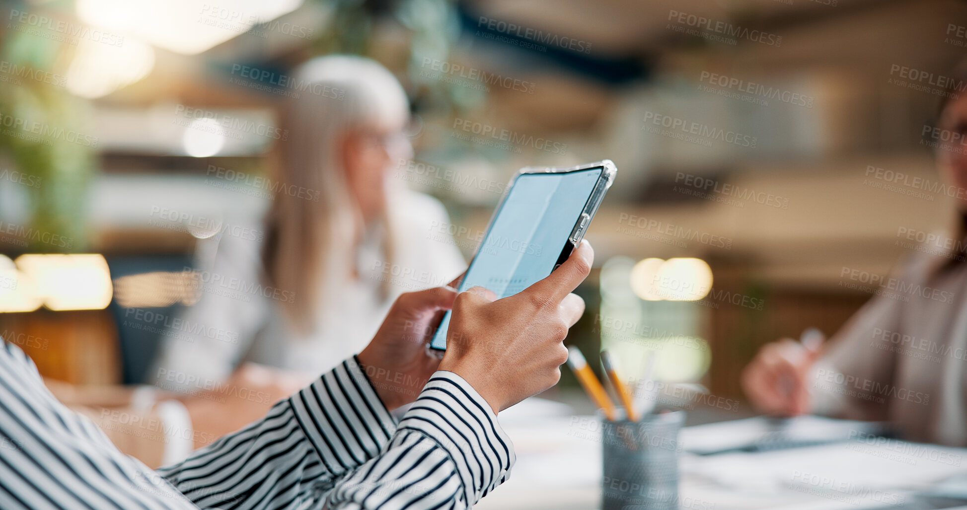 Buy stock photo Business, hands and meeting with phone in office for email marketing, SEO tools or digital collaboration with notification. Creative person, check website traffic or social media insight with team 