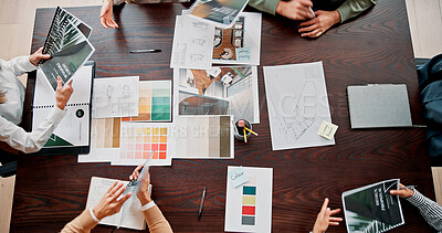 Buy stock photo Interior design, teamwork and above of people in meeting for project ideas, research and discussion. Creative agency, office and workers with paperwork for planning, collaboration and color palette