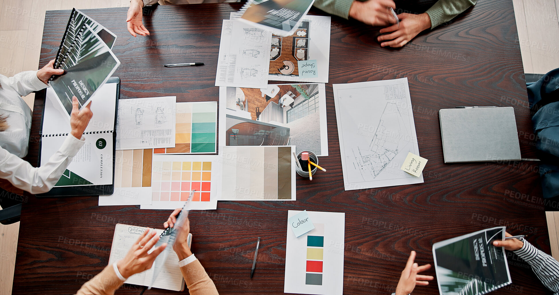 Buy stock photo Interior design, teamwork and above of people in meeting for project ideas, research and discussion. Creative agency, office and workers with paperwork for planning, collaboration and color palette