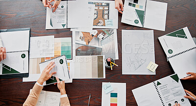 Buy stock photo Meeting, above and documents with hands of business people for interior designer, moodboard layout and teamwork. Color swatch panel, brainstorming and creative project with employees for blueprint