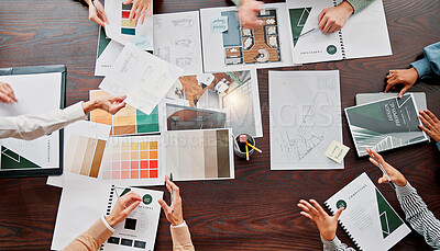 Buy stock photo Documents, creative and above of business people in meeting for project ideas, research and discussion. Interior design, office and workers with palette for teamwork, collaboration and portfolio
