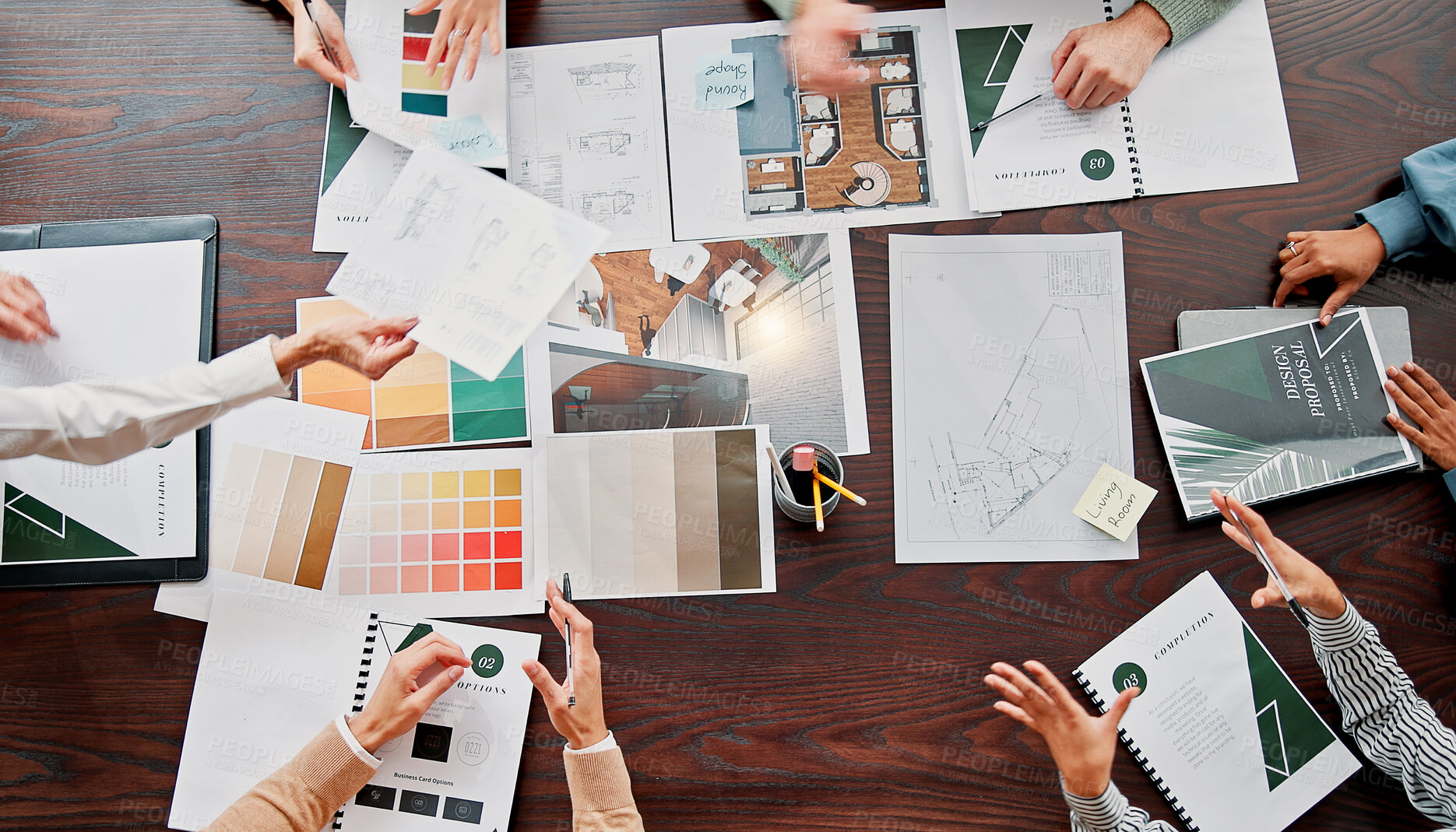 Buy stock photo Documents, creative and above of business people in meeting for project ideas, research and discussion. Interior design, office and workers with palette for teamwork, collaboration and portfolio