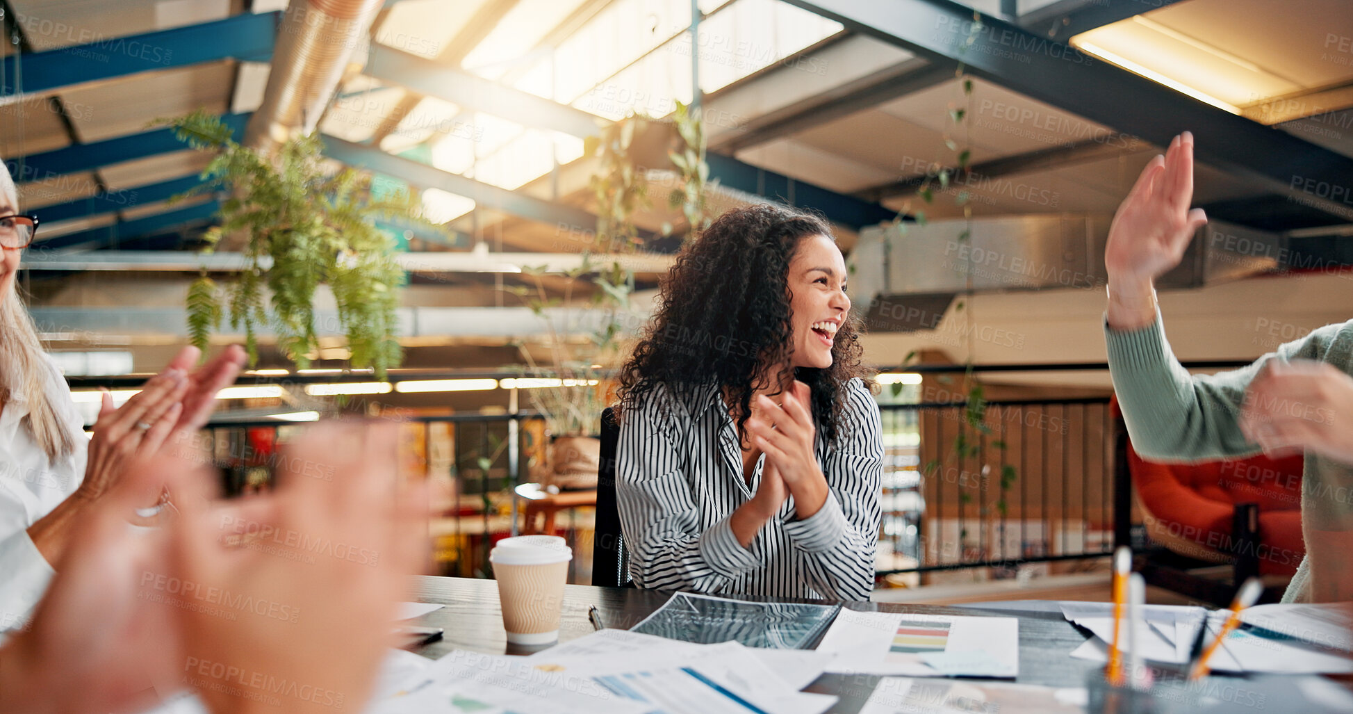 Buy stock photo Creative, meeting and business people with high five and applause for success, achievement and victory. Office, startup and workers celebrate for teamwork, project collaboration and congratulations