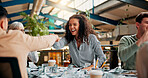 Boardroom, group and fist bump for celebration, creative and happiness for financial growth and money. Laughing, colleagues and gesture for achievement in business, collaboration and revenue for team