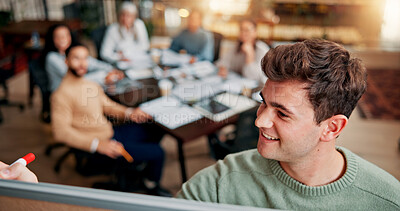 Buy stock photo Brainstorming, writing and man with board, smile and brand specialist with ideas, meeting and project. Business, teamwork and people with strategy for target audience, trends and notes for workshop