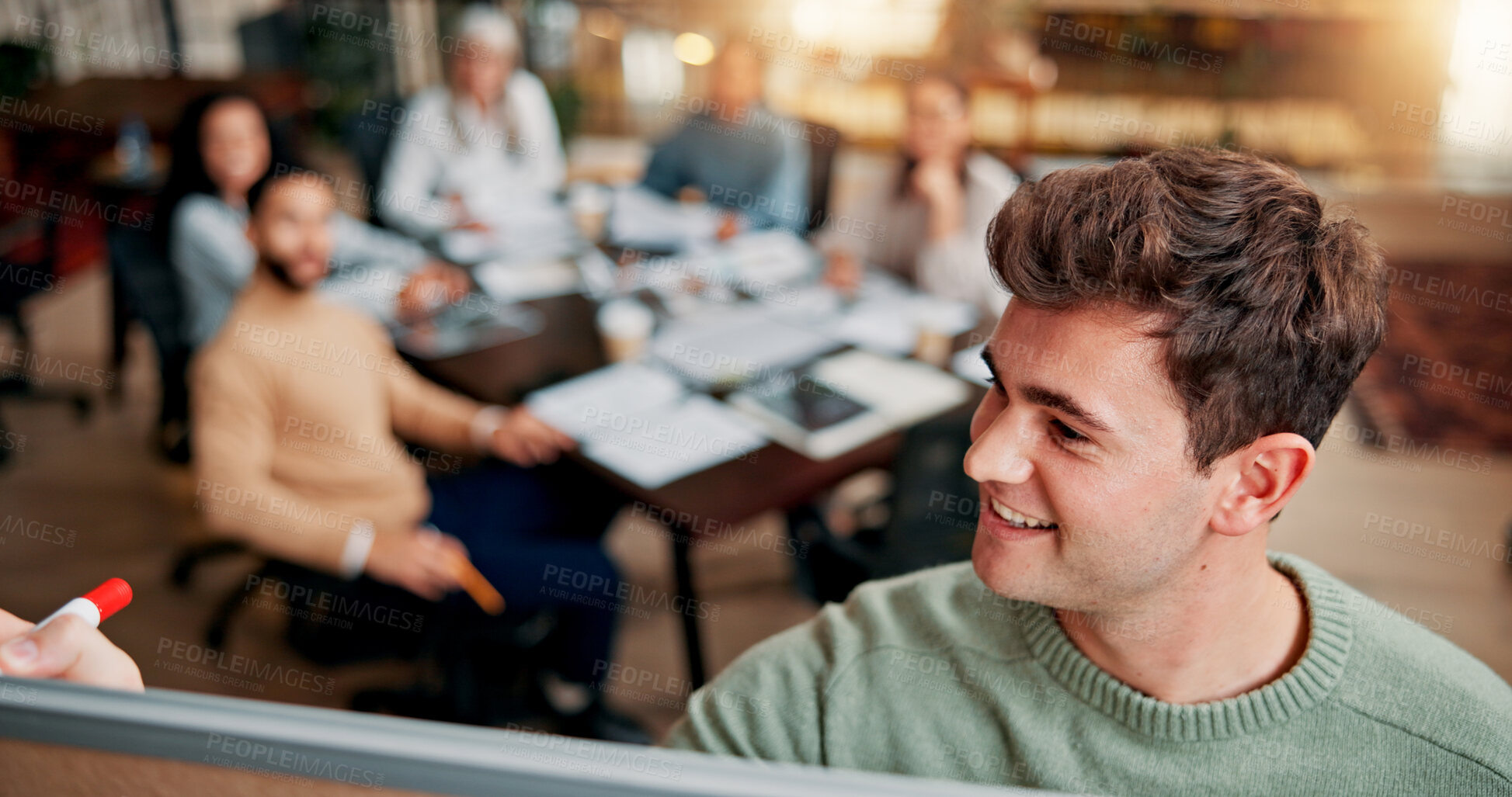 Buy stock photo Brainstorming, writing and man with board, smile and brand specialist with ideas, meeting and project. Business, teamwork and people with strategy for target audience, trends and notes for workshop