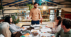 Presentation, feedback and business people in office with paperwork for planning creative project. Research, meeting and team of magazine editors in discussion with documents review for publishing.