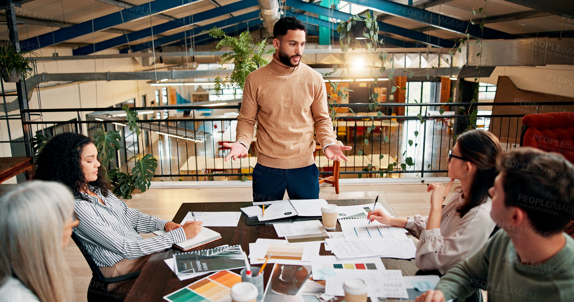 Buy stock photo Presentation, feedback and business people in office with paperwork for planning creative project. Research, meeting and team of magazine editors in discussion with documents review for publishing.