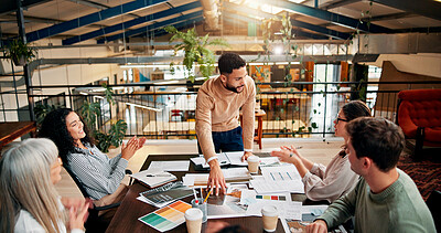 Buy stock photo Creative paperwork, people and applause in meeting for campaign performance, KPI goals and branding success. Design agency, employees and clapping hands for marketing pitch approval and achievement