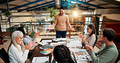 Buy stock photo Creative paperwork, people and clapping in meeting for campaign recognition, KPI goals and branding approval. Design agency, above and team applause for marketing pitch success and project management