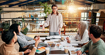 Buy stock photo Presentation, meeting and business people in office with documents for planning creative project. Feedback, speaker and team of magazine editors in discussion with paperwork review for publishing.