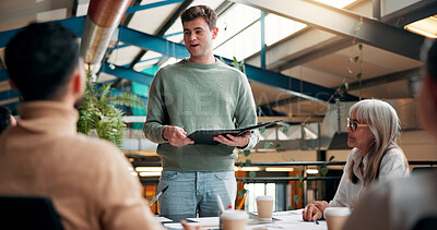 Buy stock photo Presentation, group and man with documents, boardroom and brand specialist with ideas for project. Business, teamwork and people with strategy for target audience, trends and speech for workshop