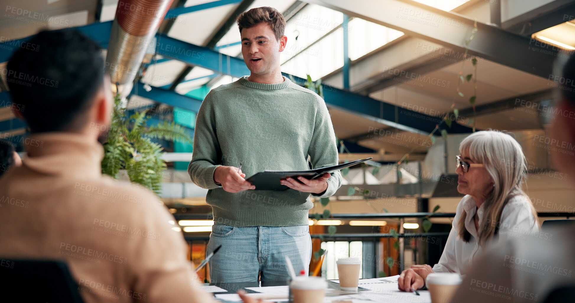 Buy stock photo Presentation, group and man with documents, boardroom and brand specialist with ideas for project. Business, teamwork and people with strategy for target audience, trends and speech for workshop