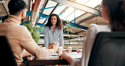 Buy stock photo Presentation, speaker and woman in boardroom, creative and brand specialist with ideas, project and team. Business, smile and people with strategy for target audience, trends and speech for workshop