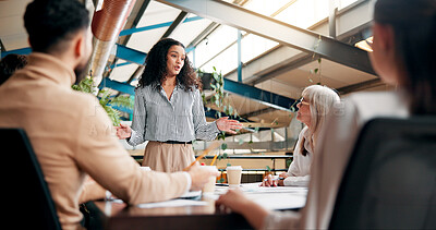 Buy stock photo Brainstorming, speaker and woman in boardroom, creative and brand specialist with ideas for project. Business, team and people with strategy for target audience, trends and speech for workshop