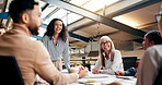 Brainstorming, speaker and woman in boardroom, laughing and brand specialist with ideas for project. Business, creative and people with strategy for target audience, trends and speech for workshop