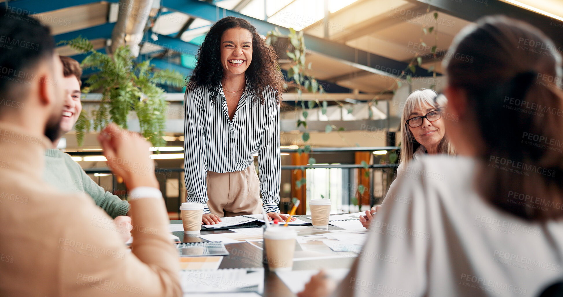 Buy stock photo Presentation, teamwork and woman with smile, ideas and planning for project, media and creative company. Business, reporter and brainstorming for article in boardroom, people and happy for journalism