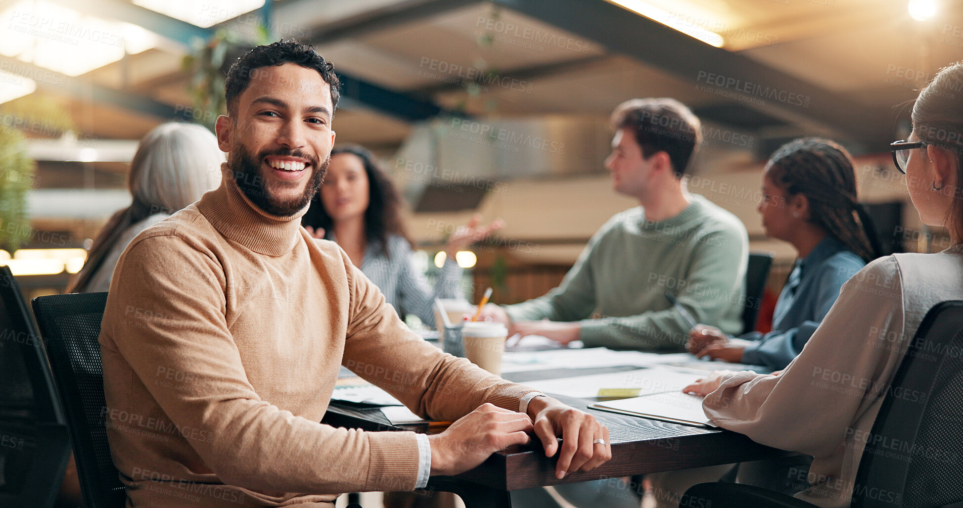 Buy stock photo Portrait, meeting and smile with business man in office for creative startup, discussion and Interior designer. Collaboration, project advisor and workshop with employee in renovation agency