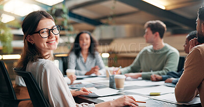 Buy stock photo Portrait, meeting and glasses with business woman in office for creative startup, discussion and interior designer. Collaboration, project advisor and workshop with employee in renovation agency