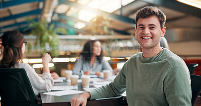 Buy stock photo Portrait, meeting and project with business man in office for creative startup, discussion and Interior designer. Collaboration, advisor and workshop with employee in renovation agency for planning
