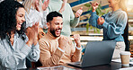 Fist pump, success and businessman with team for winning, bonus or creative proposal approval. Excited, people and laptop with happy, applause and celebration for collaboration funding at startup