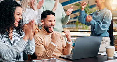 Buy stock photo Fist pump, laptop and businessman with team for winning, bonus or creative proposal approval. Excited, people and success with happy applause, celebration or collaboration funding at startup office