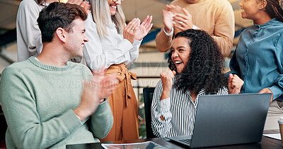 Buy stock photo Fist pump, success and business woman with team for winning, bonus or creative proposal approval. Excited, people and laptop with applause, cheers and celebration for collaboration funding at startup