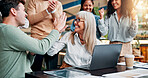High five, success and business woman with team for winning, bonus or creative proposal approval. Excited, people and laptop with applause, fist and celebration for collaboration funding at startup