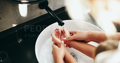 Buy stock photo Family, tap and washing hands with water in sink for hygiene, disinfection or cleanliness at home. Parent, child and rinse with kid, faucet or basin in bathroom for bacteria or germ removal at house