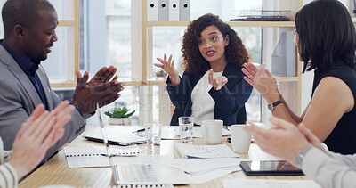 Buy stock photo Business people, meeting and discussion in team with applause for success, support and company growth. Documents, communication and praise for collaboration, achievement and development at firm