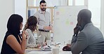 Whiteboard, presenter or businessman with team for graphs, sales performance or analysis. Group, presentation or talk in meeting with chart for training, strategy or financial stats for KPI in office
