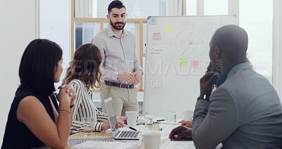 Buy stock photo Whiteboard, presenter or businessman with team for graphs, sales performance or analysis. Group, presentation or talk in meeting with chart for training, strategy or financial stats for KPI in office