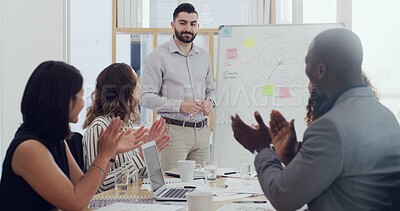 Buy stock photo Team, presenter or applause for business man with chart, sales goal or target. Happy group, presentation or clap in workshop to celebrate success or thank you for financial training in office meeting