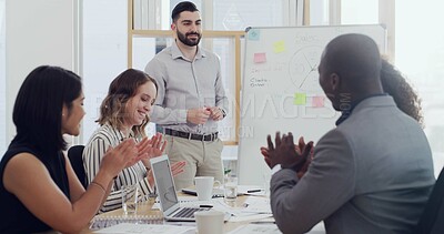 Buy stock photo Presentation, board and applause with business people in meeting for planning, success and sales projection. Profit review, teamwork and support with employees in office for revenue growth and bonus