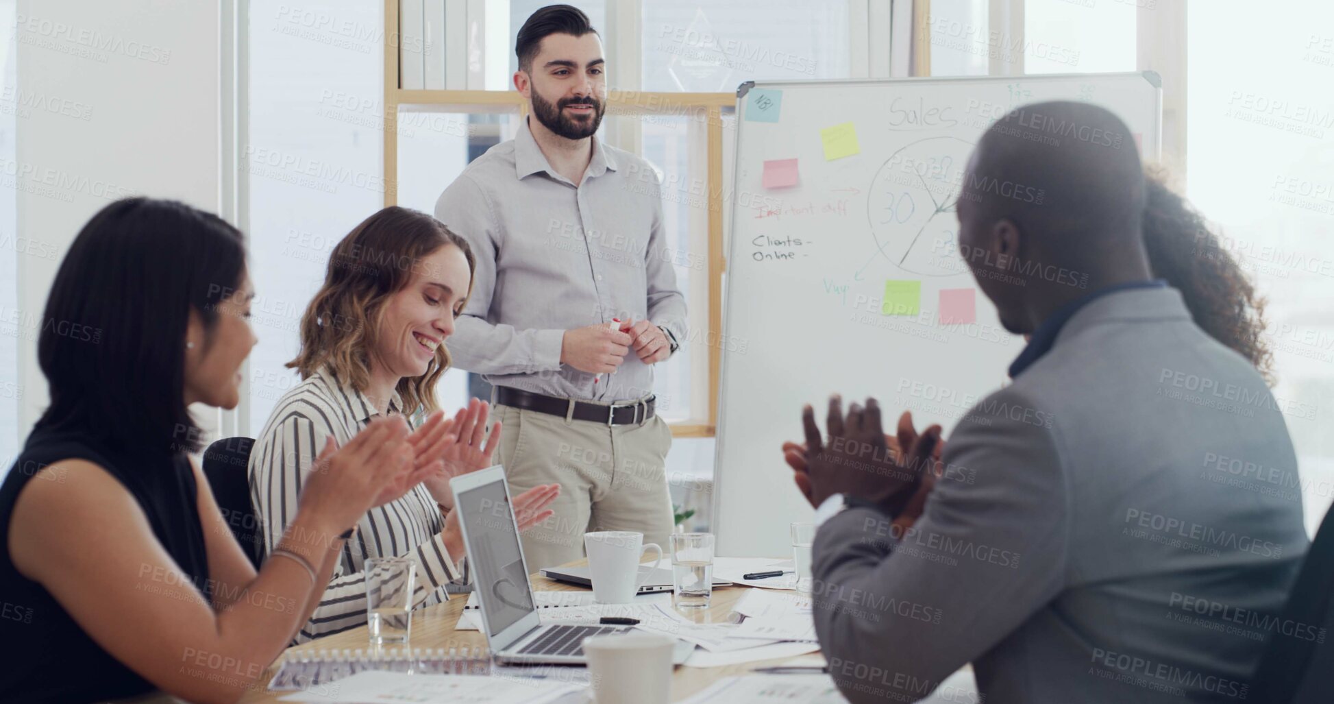 Buy stock photo Presentation, board and applause with business people in meeting for planning, success and sales projection. Profit review, teamwork and support with employees in office for revenue growth and bonus