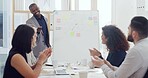 Presentation, success and applause with business people in meeting for planning, achievement and sales projection. Profit chart, teamwork and support with employees for revenue growth and bonus