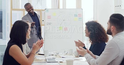 Buy stock photo Presentation, success and applause with business people in meeting for planning, achievement and sales projection. Profit chart, teamwork and support with employees for revenue growth and bonus