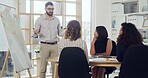 Man, explain and presentation on whiteboard in office for marketing, sales update and feedback. Speaker, staff and explain information on company profit, kpi performance and pitch for revenue growth 