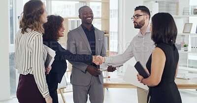 Buy stock photo Businessman, woman and handshake at meeting with team, deal and agreement for b2b negotiation at office. People, smile and shaking hands with thanks, success and achievement at financial agency