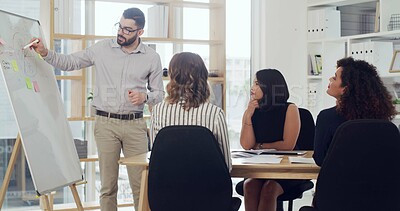 Buy stock photo Presentation, board and drawing with business people in meeting for sales graph, revenue stats and research. Planning, speaker and growth with employees in office for brainstorming and proposal