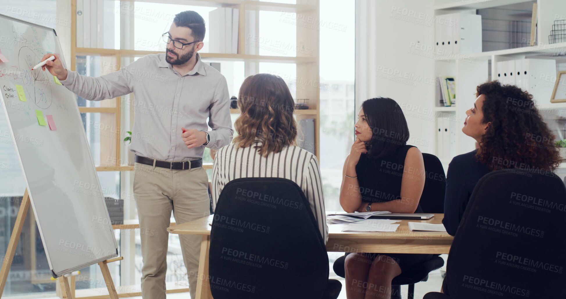 Buy stock photo Presentation, board and drawing with business people in meeting for sales graph, revenue stats and research. Planning, speaker and growth with employees in office for brainstorming and proposal