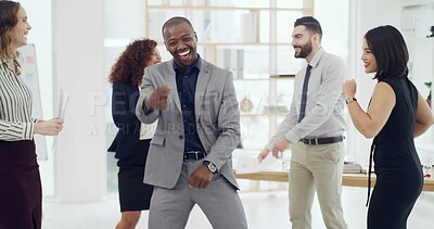 Buy stock photo Dance, corporate and happy business people in office with good news, promotion and success. Meeting, professional and workers celebrate together for teamwork, collaboration and company achievement