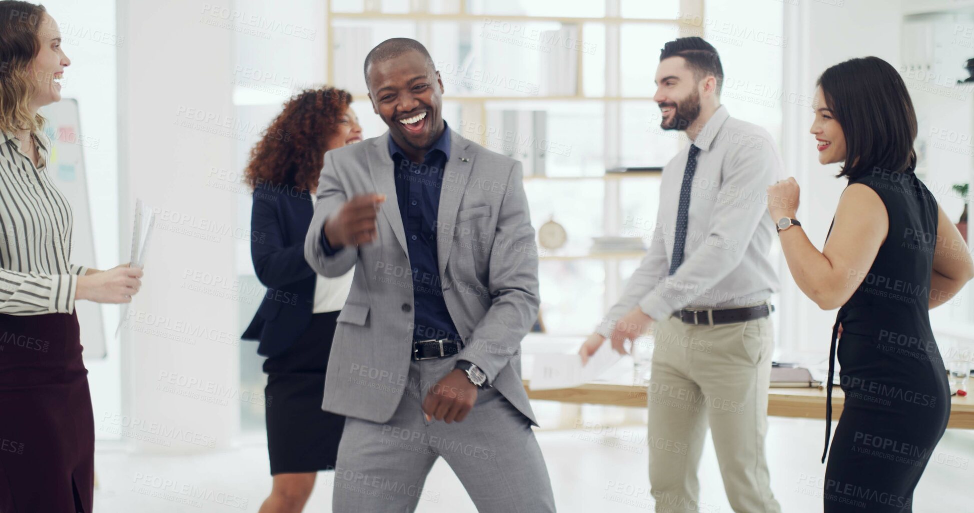 Buy stock photo Dance, corporate and happy business people in office with good news, promotion and success. Meeting, professional and workers celebrate together for teamwork, collaboration and company achievement