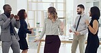Dance, happy and business woman with team in office with good news, promotion and success. Corporate, professional and workers celebrate together for teamwork, collaboration and company achievement