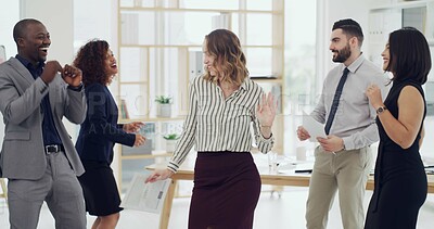 Buy stock photo Dance, happy and business woman with team in office with good news, promotion and success. Corporate, professional and workers celebrate together for support, collaboration and company achievement