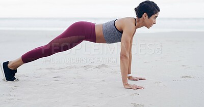 Buy stock photo Athlete, woman and pushup for exercise at beach for fitness, strength training and strong muscles. Female person, weight and workout routine, body balance and sports performance for wellness at ocean