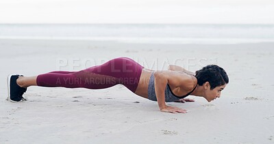 Buy stock photo Athlete, woman and pushup for fitness at beach with exercise, strength training and strong muscles. Female person, weight and workout routine, body balance and space with wellness benefits at ocean