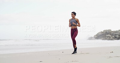 Buy stock photo Woman, workout and run on beach for exercise, fitness or outdoor wellness or fresh air. Female person, athlete or runner with marathon, preparation and cardio training with space in nature for health